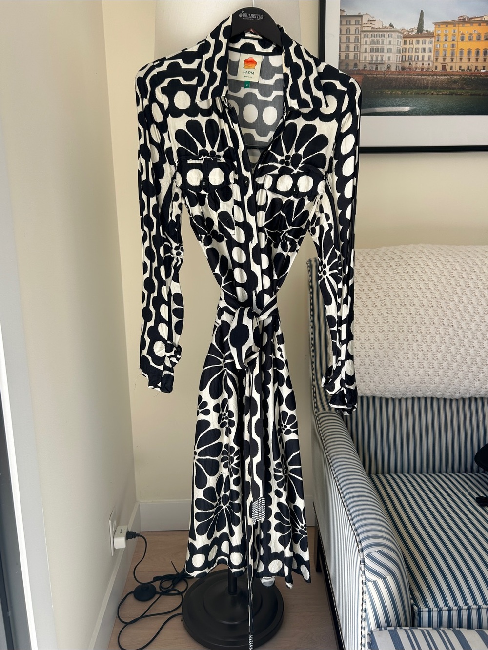 FARM Rio Black and White Floral Dot Shirt Dress with Tie Waist